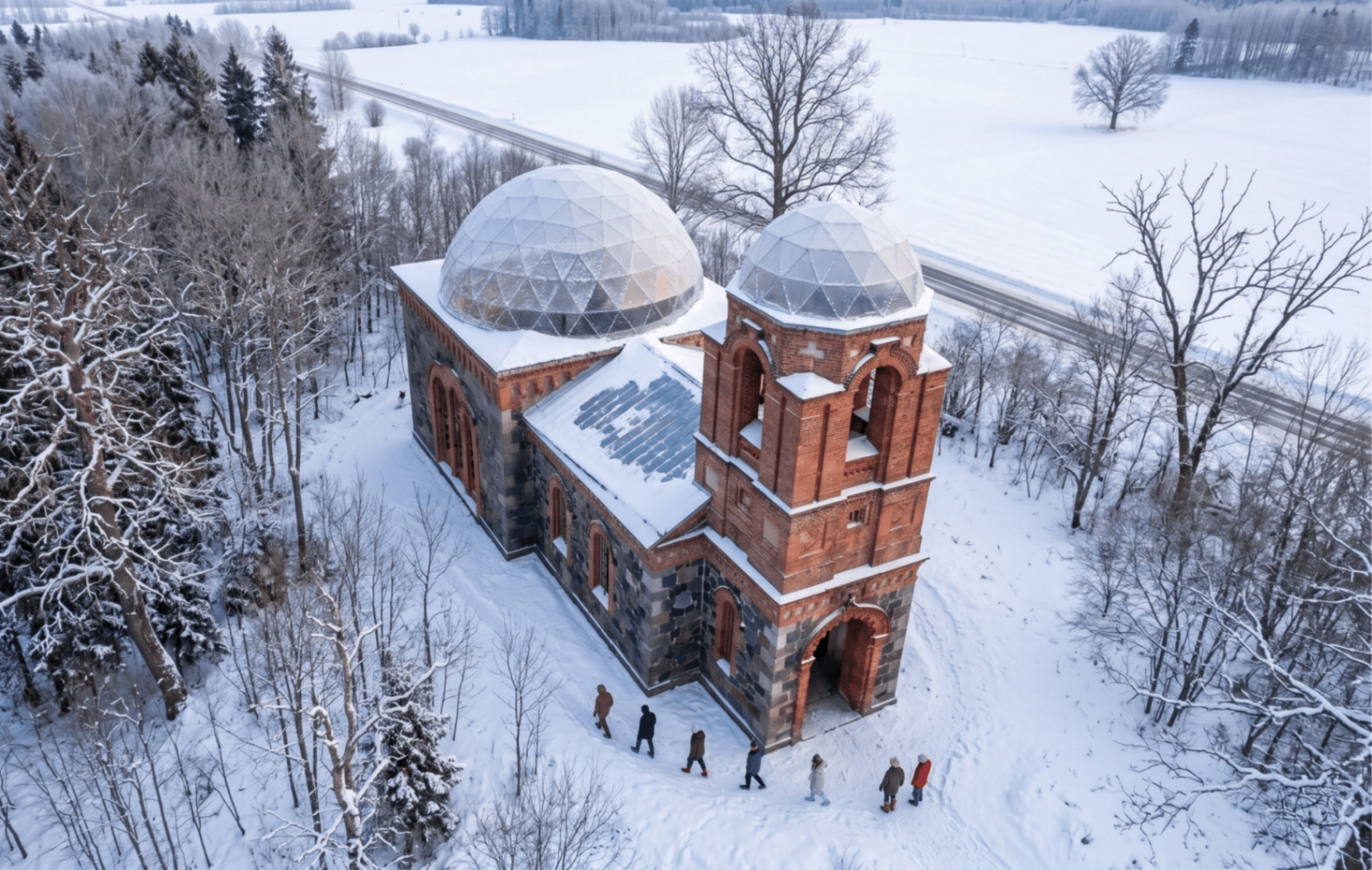Talvine droonifoto Sinalepa kirikust — lumine maastik ja klaaskuplid kirikuvaremete kohal